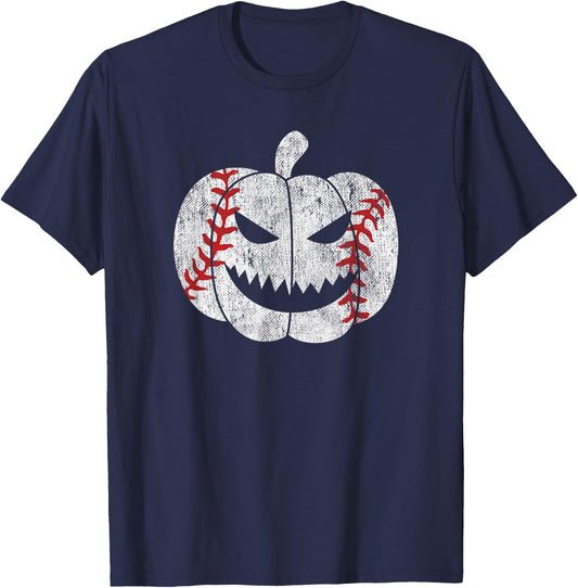 Baseball Player Scary Pumpkin Vintage Costume Halloween T-Shirt - T-Shirt | Navy