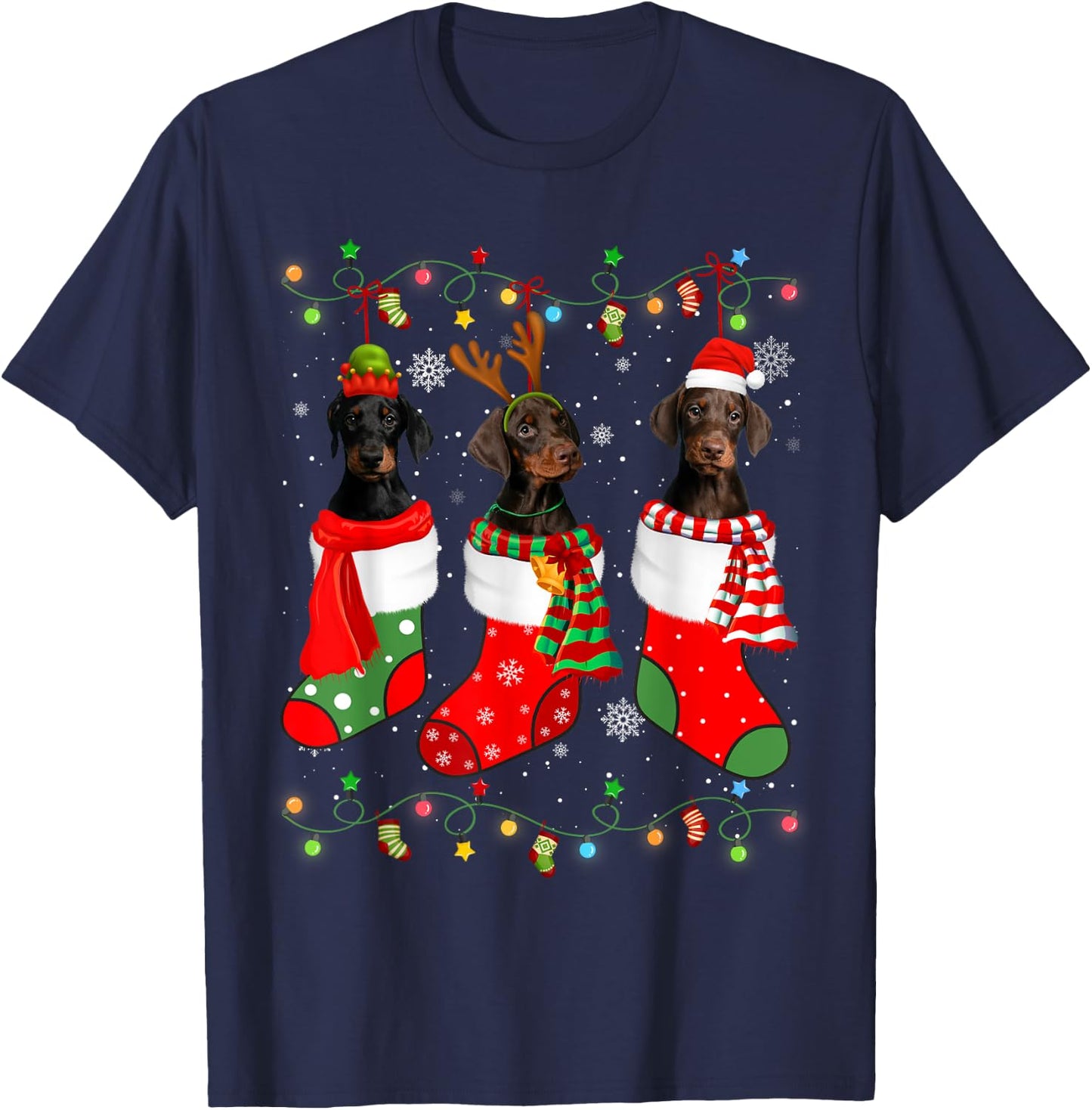 Doberman Dog Christmas Socks Santa Hat Xmas Lights T-Shirt - T-Shirt | Navy