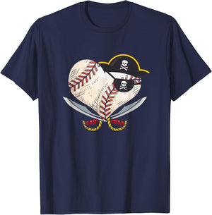 The Vintage Pirate Baseball Heart Ball With Skull Hat Sport T-Shirt - T-Shirt | Navy