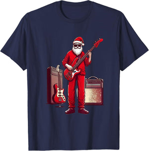 Santa Playing Guitar Bass Christmas Pajama Musician Bassist T-Shirt - T-Shirt | Navy