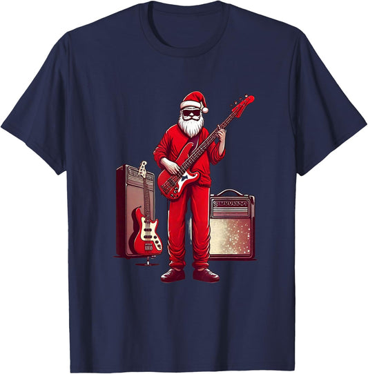 Santa Playing Guitar Bass Christmas Pajama Musician Bassist T-Shirt - T-Shirt | Navy