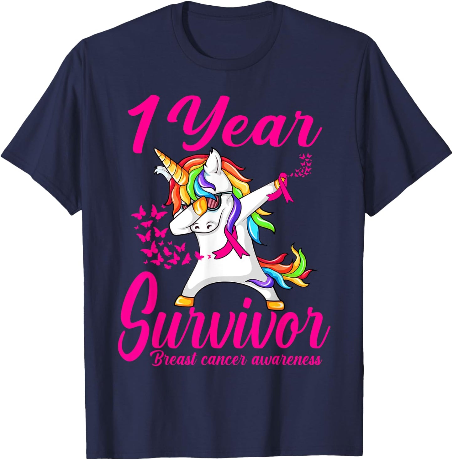 One 1 Years Survivor Breast Cancer Awareness Unicorn T-Shirt - T-Shirt | Navy
