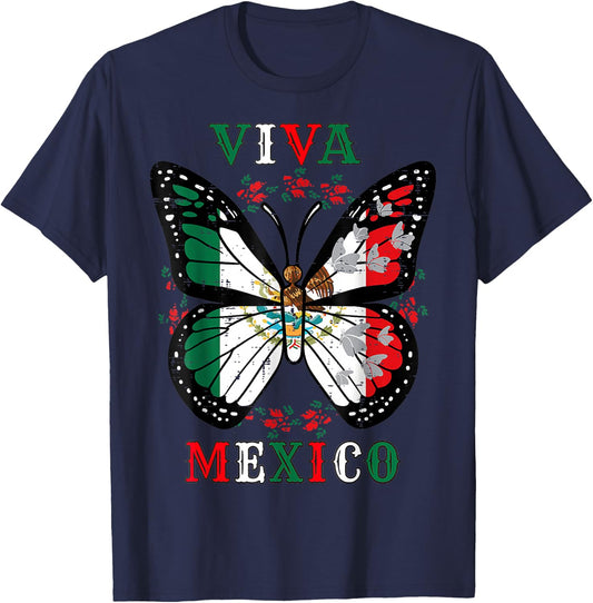 Viva Mexico Mexican Independence Day Butterfly Flag T-Shirt - T-Shirt | Navy