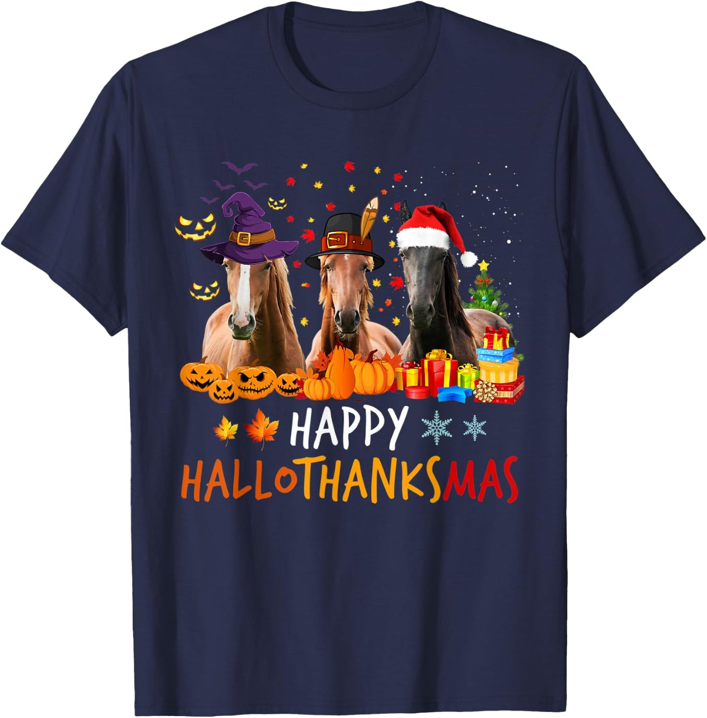 Horse Halloween Happy HalloThanksMas Thanksgiving Horses T-Shirt - T-Shirt | Navy