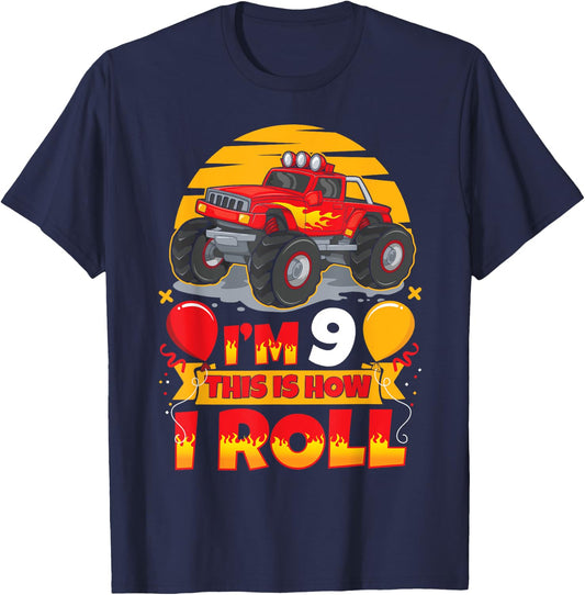 Hot Wheels Birthday I'm 9 This Is How I Roll Monster Truck T-Shirt - T-Shirt | Navy