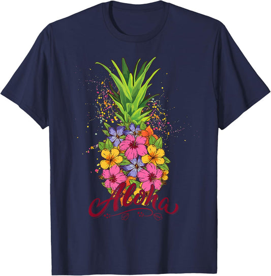 Hawaiian-Shirt Aloha Hawaii Kids Girl Women Pineapple Floral T-Shirt - T-Shirt | Navy