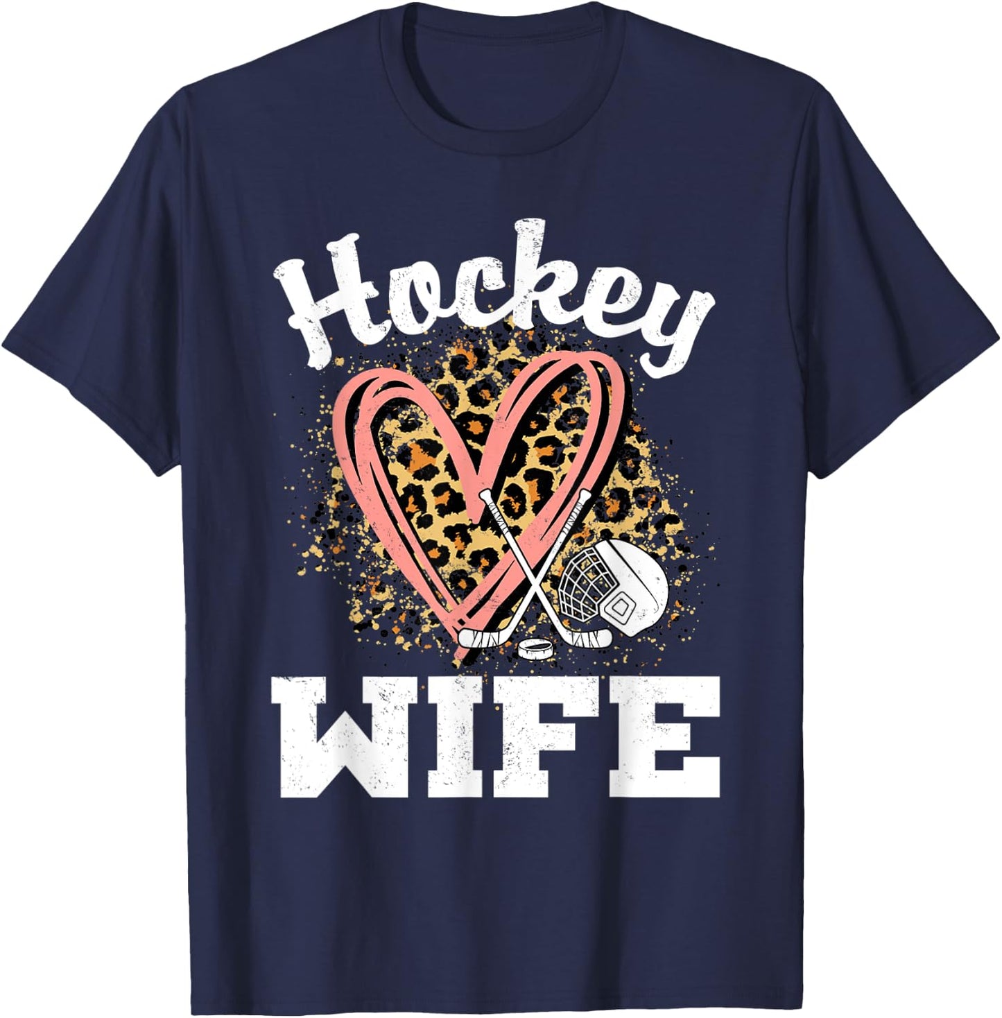 Hockey Wife Leopard Heart Ice Hockey T-Shirt - T-Shirt | Navy