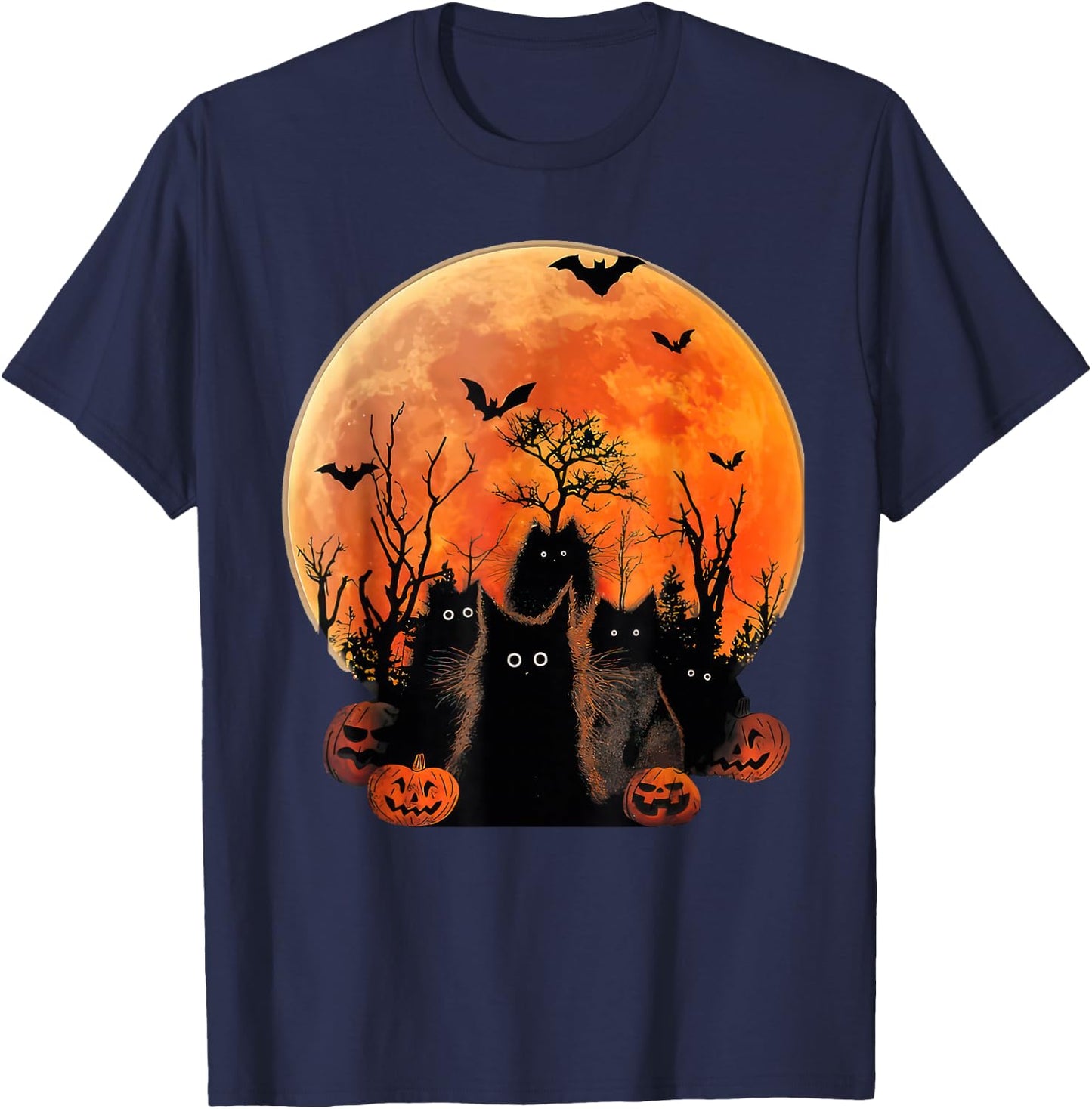 Black Cats Full Moon Funny Animal Pet Lover Halloween T-Shirt - T-Shirt | Navy