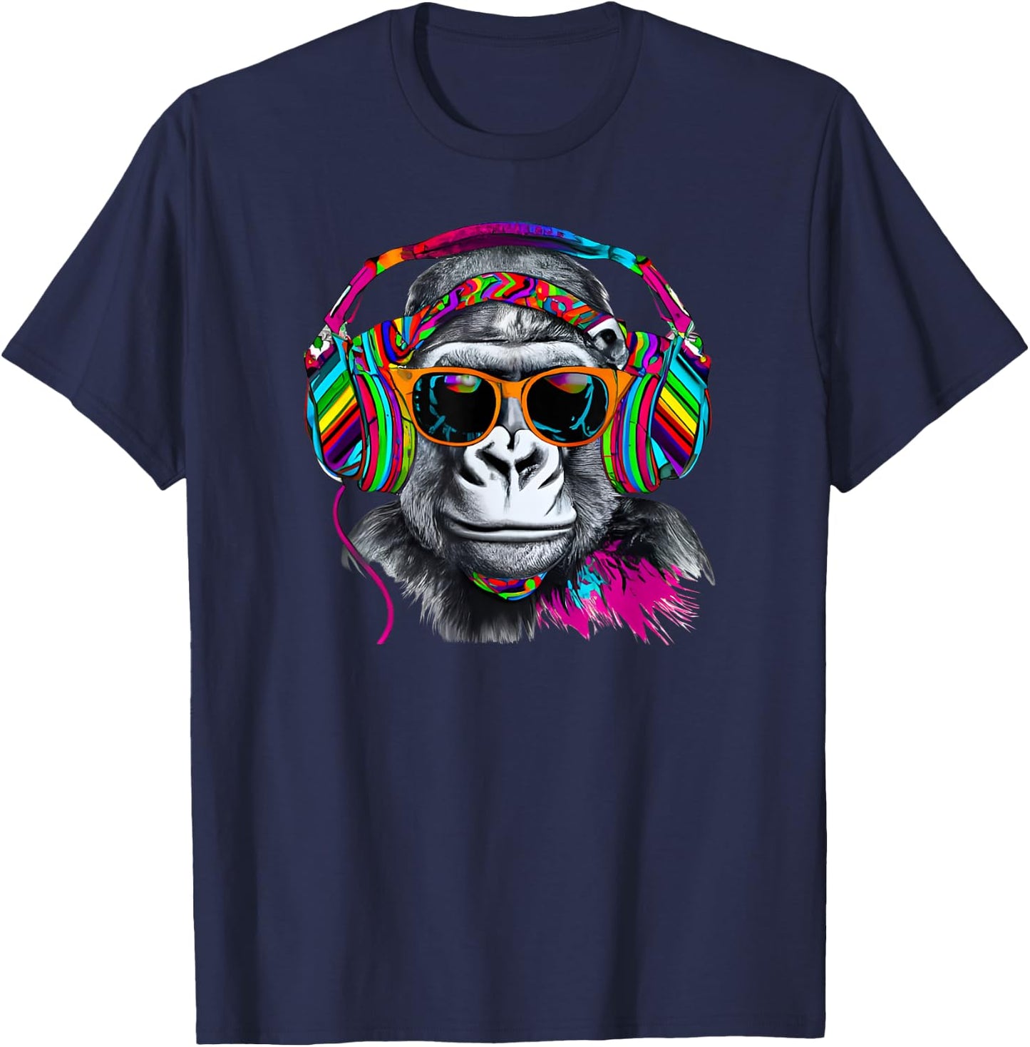 Rainbow Monkey Chimp With Sunglasses And Headphones T-Shirt - T-Shirt | Navy