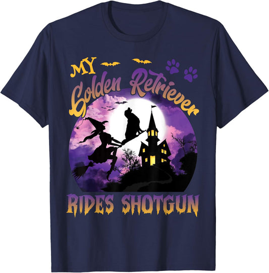My Golden Retriever Rides Shotgun Cool Halloween Witch Dog T-Shirt - T-Shirt | Navy
