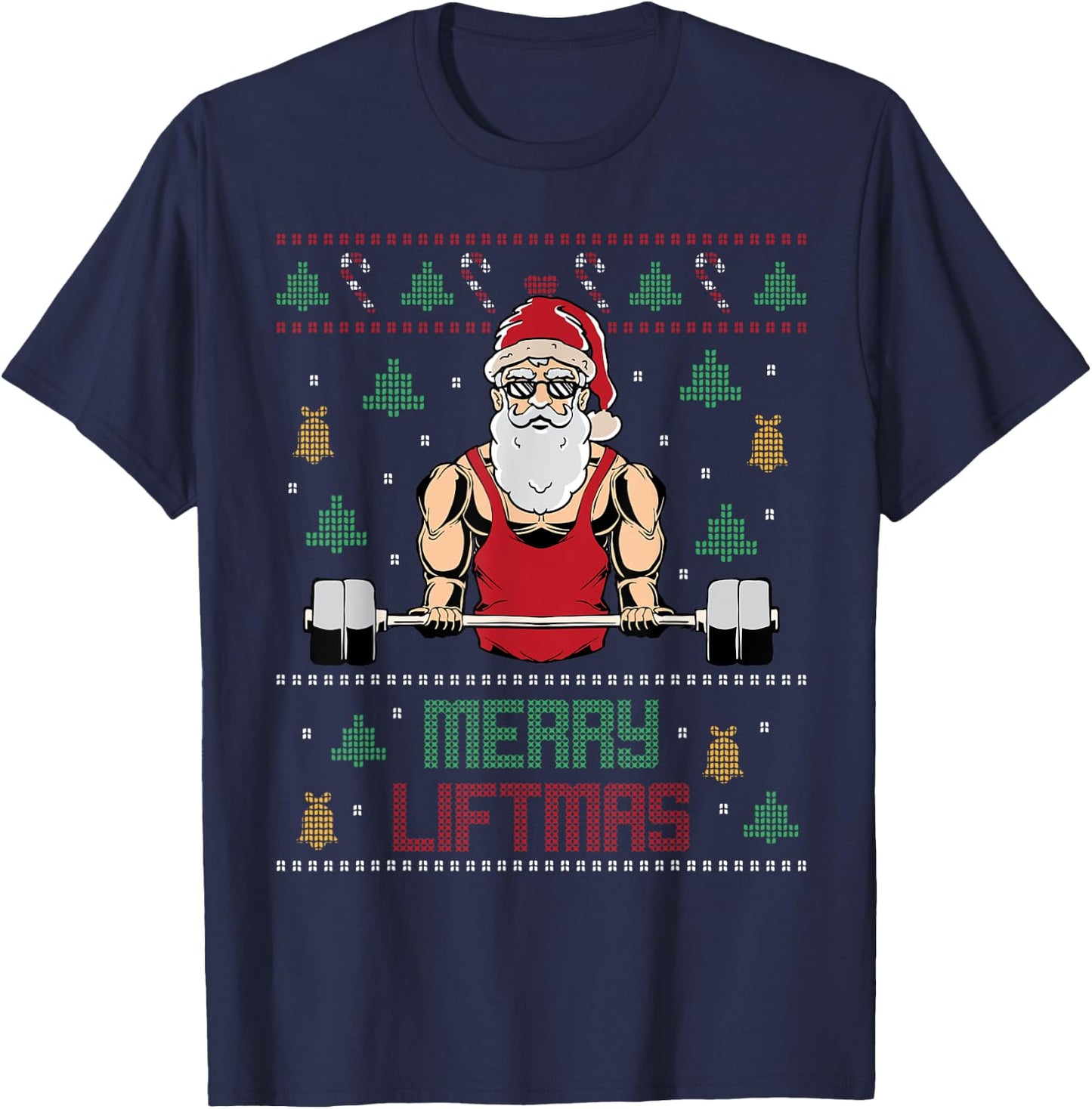 Merry Liftmas Ugly Christmas Sweater Weightlifting Gym Santa T-Shirt - T-Shirt | Navy