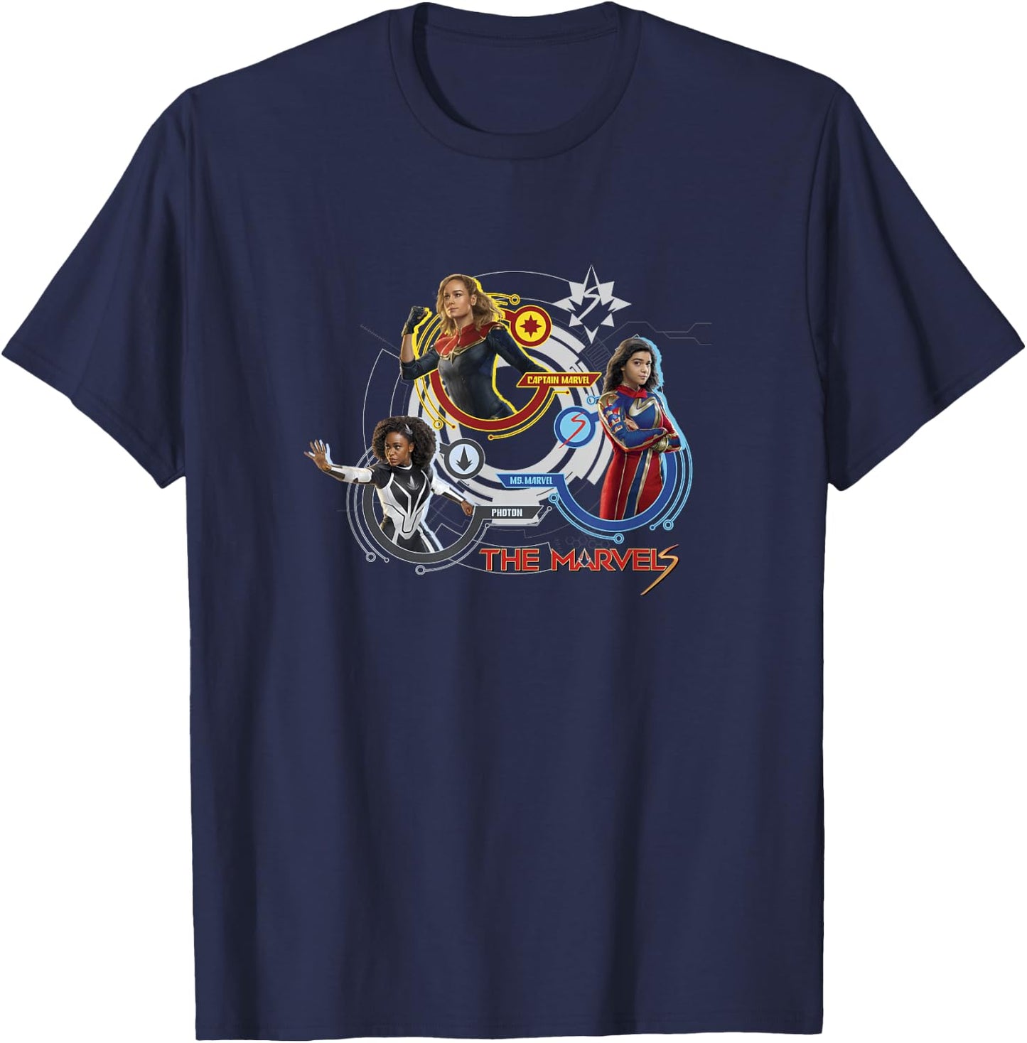 Marvel The Marvels Super Hero Tech Screen Group Badges T-Shirt - T-Shirt | Navy