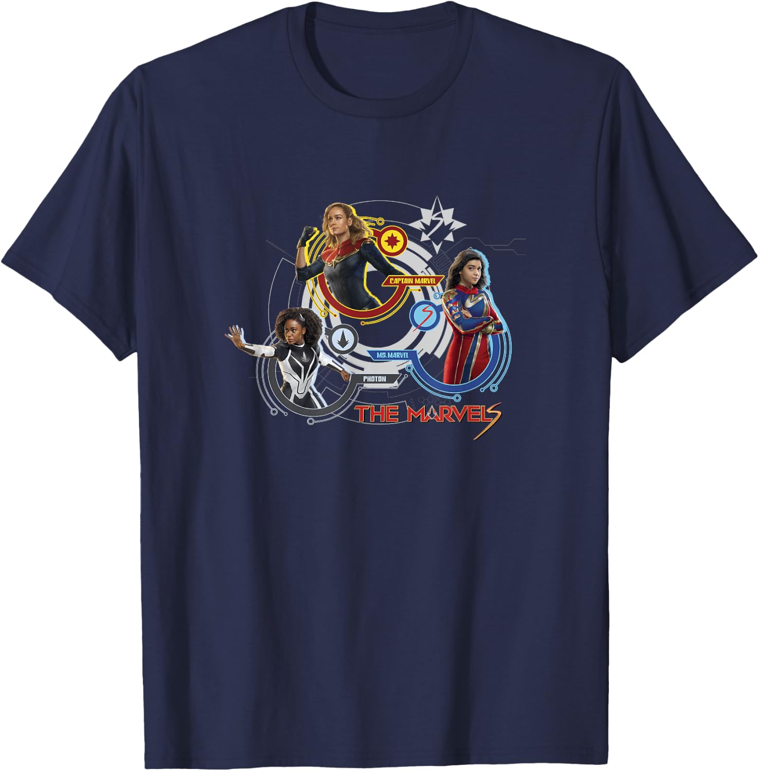 Marvel The Marvels Super Hero Tech Screen Group Badges T-Shirt - T-Shirt | Navy