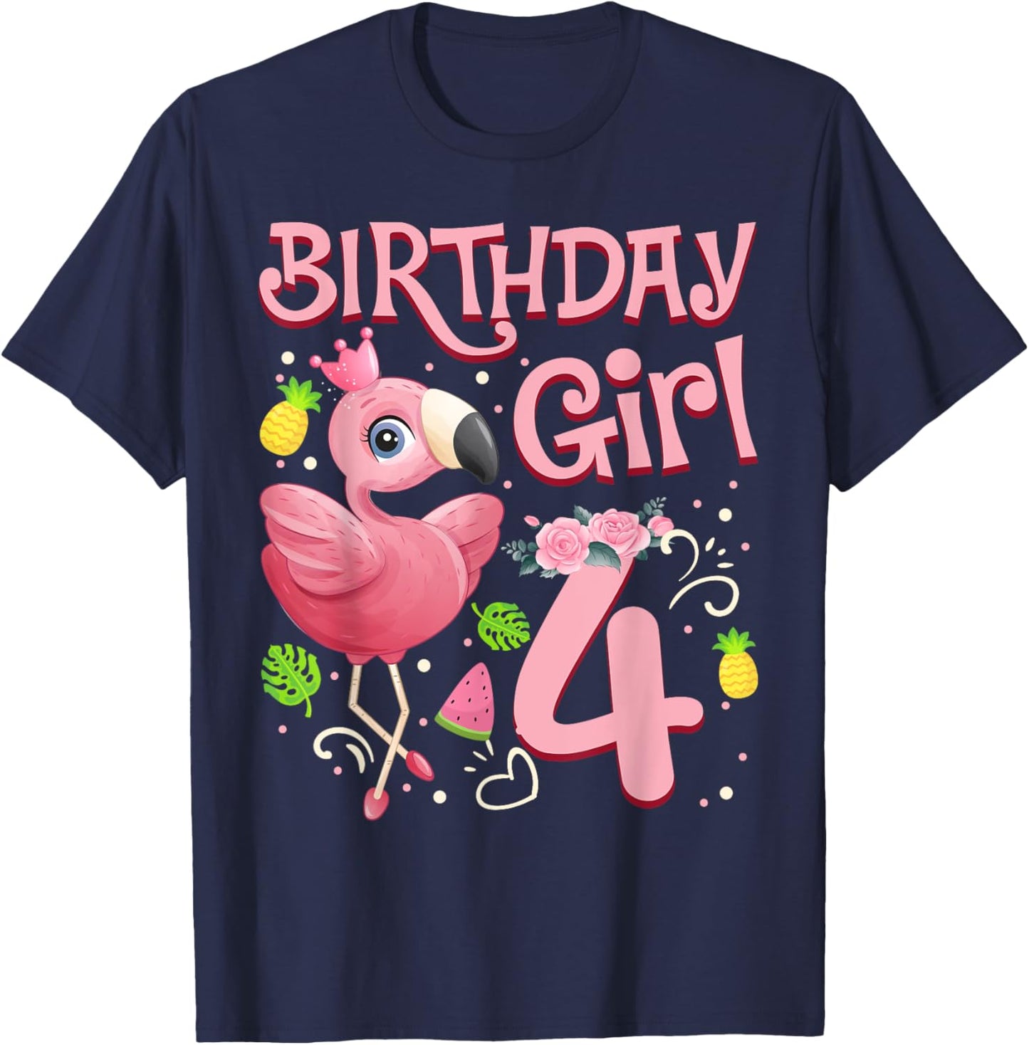 4th Birthday Girls Flamingo 4 Years Old Tropical Flamingo T-Shirt - T-Shirt | Navy