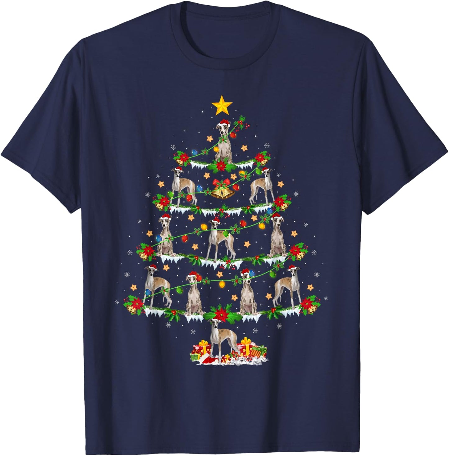 Holiday Xmas Lighting Santa Whippet Dog Christmas Tree T-Shirt - T-Shirt | Navy