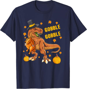 Gobble Dinosaur T Rex Wearing Turkey Costume Thanksgiving T-Shirt - T-Shirt | Navy