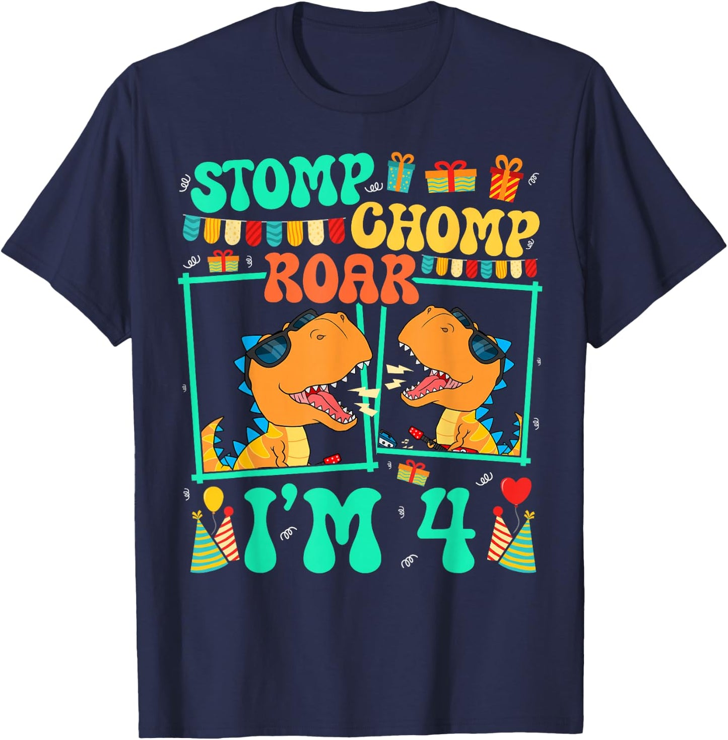 Stomp Chomp Roar I'm 4 Guitar Dinosaur Kid 4th Birthday T-Shirt - T-Shirt | Navy