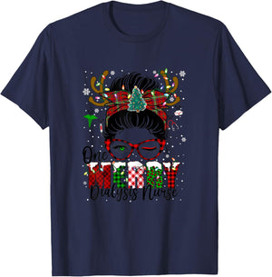 One Merry Dialysis Nurse Messy Bun Christmas Love Nurse Life T-Shirt - T-Shirt | Navy