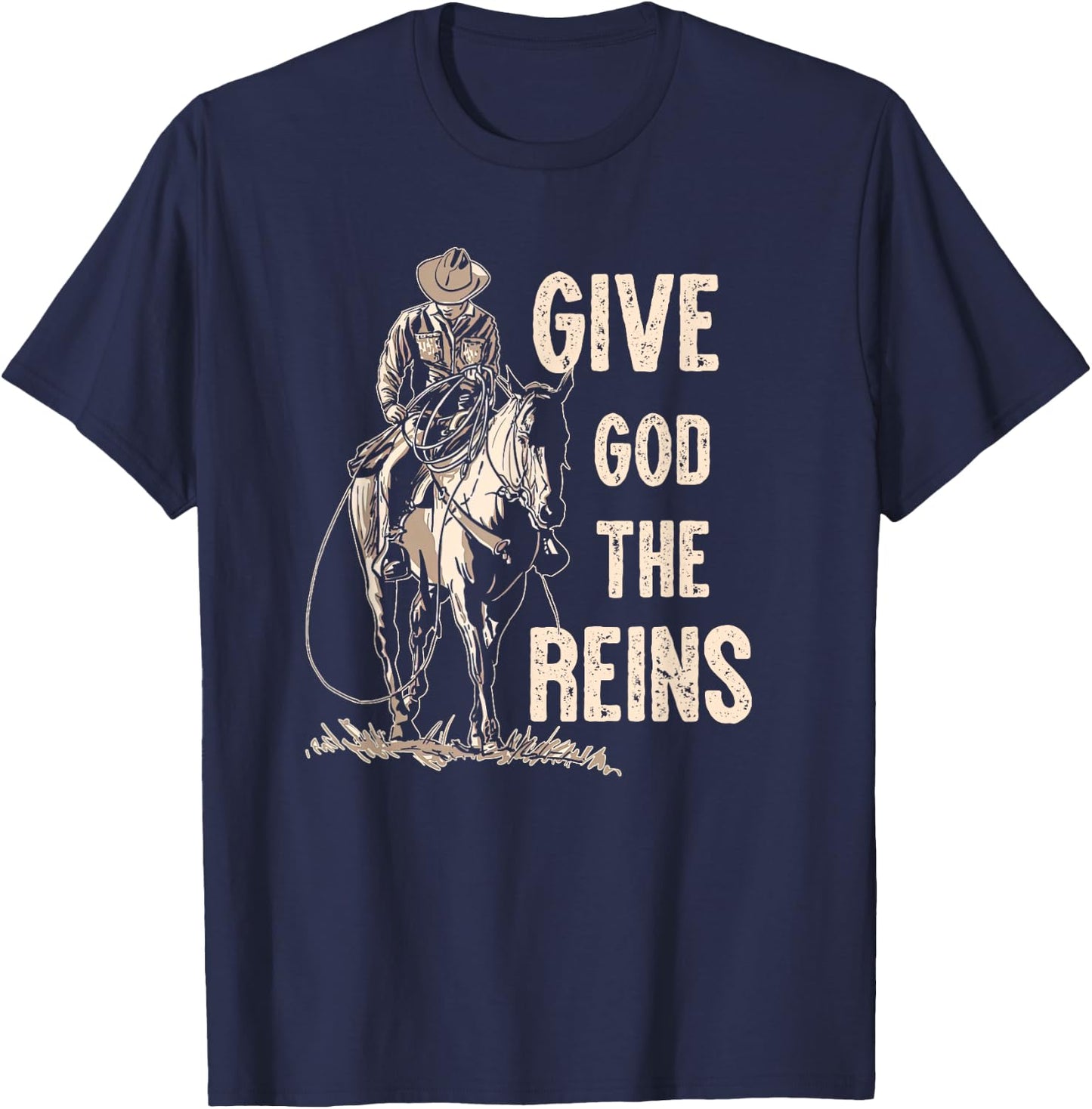 Retro Give God The Reins Cowboy Horse Riding Christian T-Shirt - T-Shirt | Navy