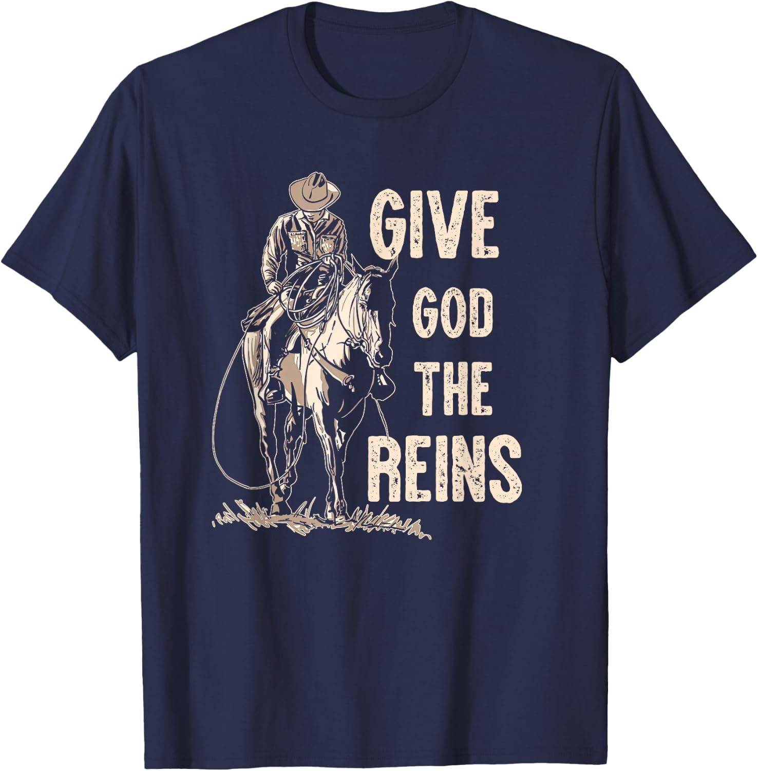Retro Give God The Reins Cowboy Horse Riding Christian T-Shirt - T-Shirt | Navy