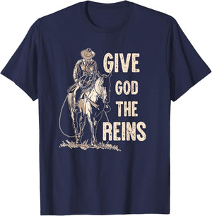 Retro Give God The Reins Cowboy Horse Riding Christian T-Shirt - T-Shirt | Navy