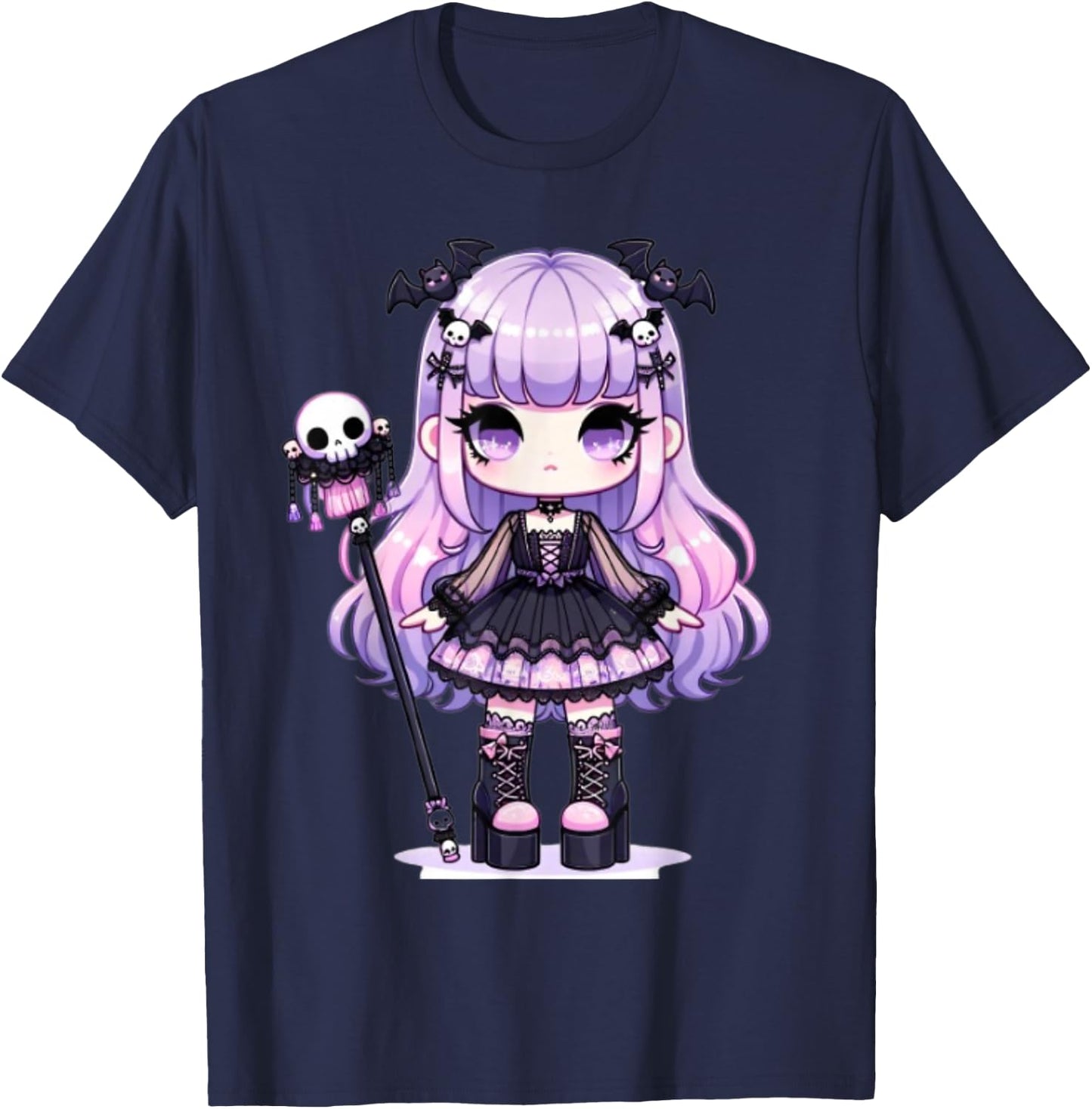 Lilac Chibi Pastel Goth Girl Kawaii Creepy Cute Anime T-Shirt - T-Shirt | Navy