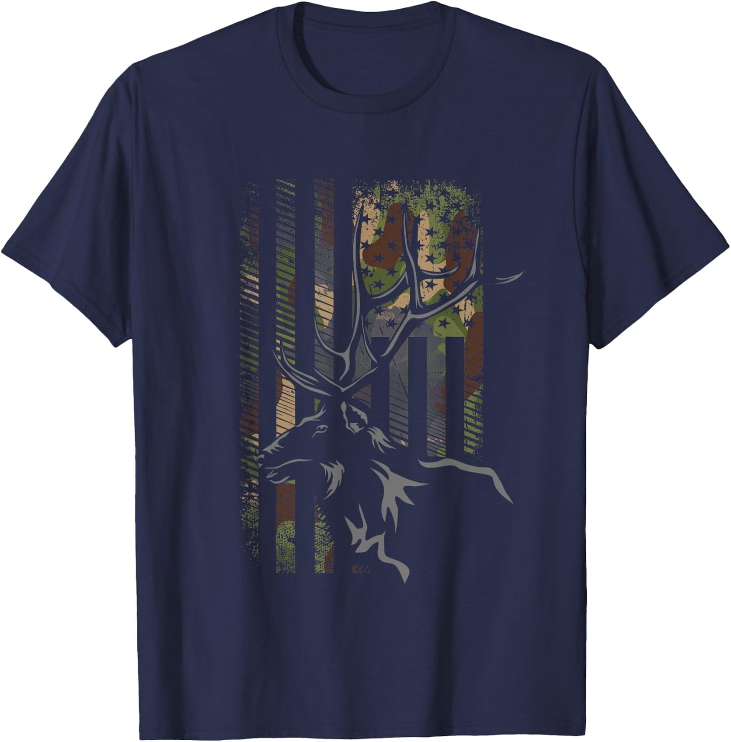 American Flag Camo Camouflage Outdoor Antlers Elk Deer Women Kids Men T-Shirt - T-Shirt | Navy