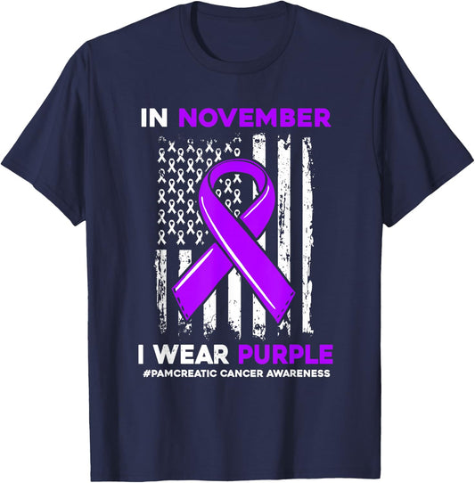 In November We Wear Purple Pancreatic Cancer Awareness Flag T-Shirt - T-Shirt | Navy