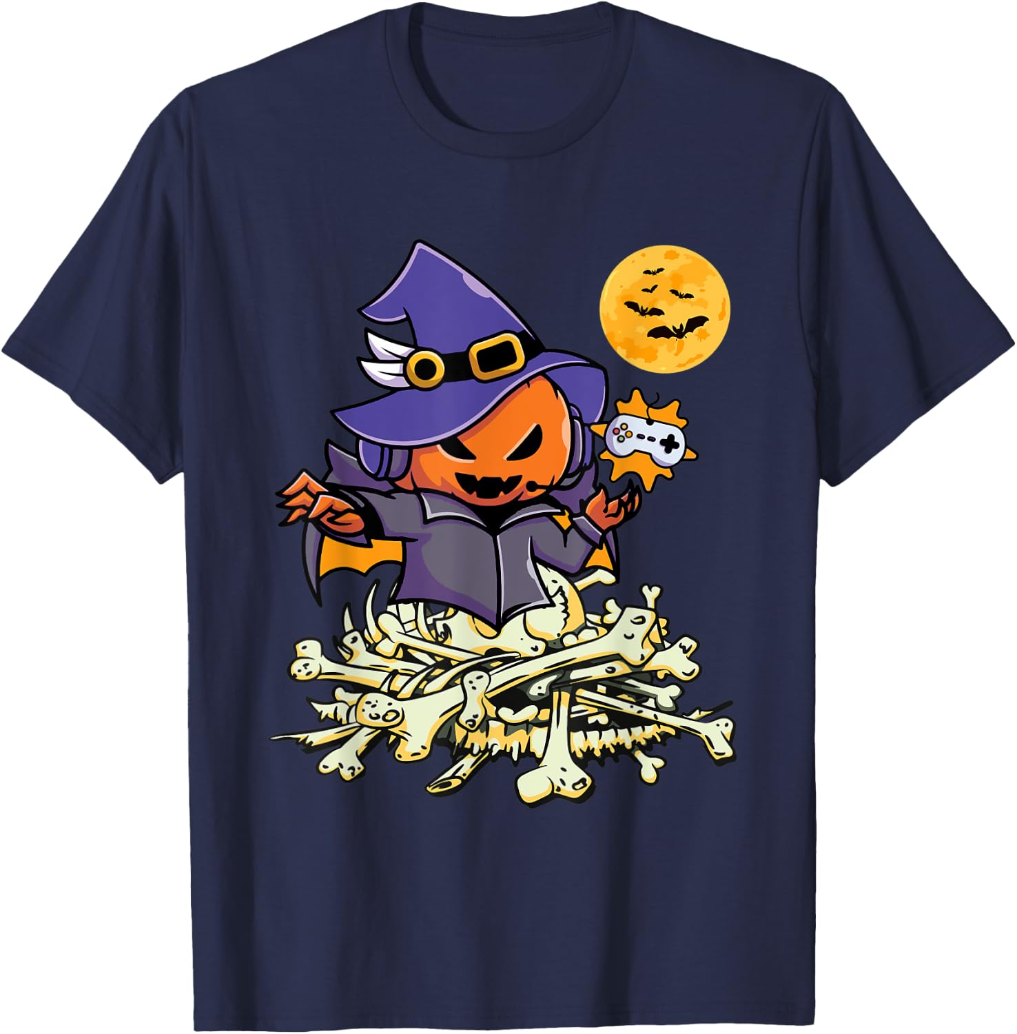 Halloween Pumpkin Gamer Ghost Wizard Boys Kids Teens Gaming T-Shirt - T-Shirt | Navy