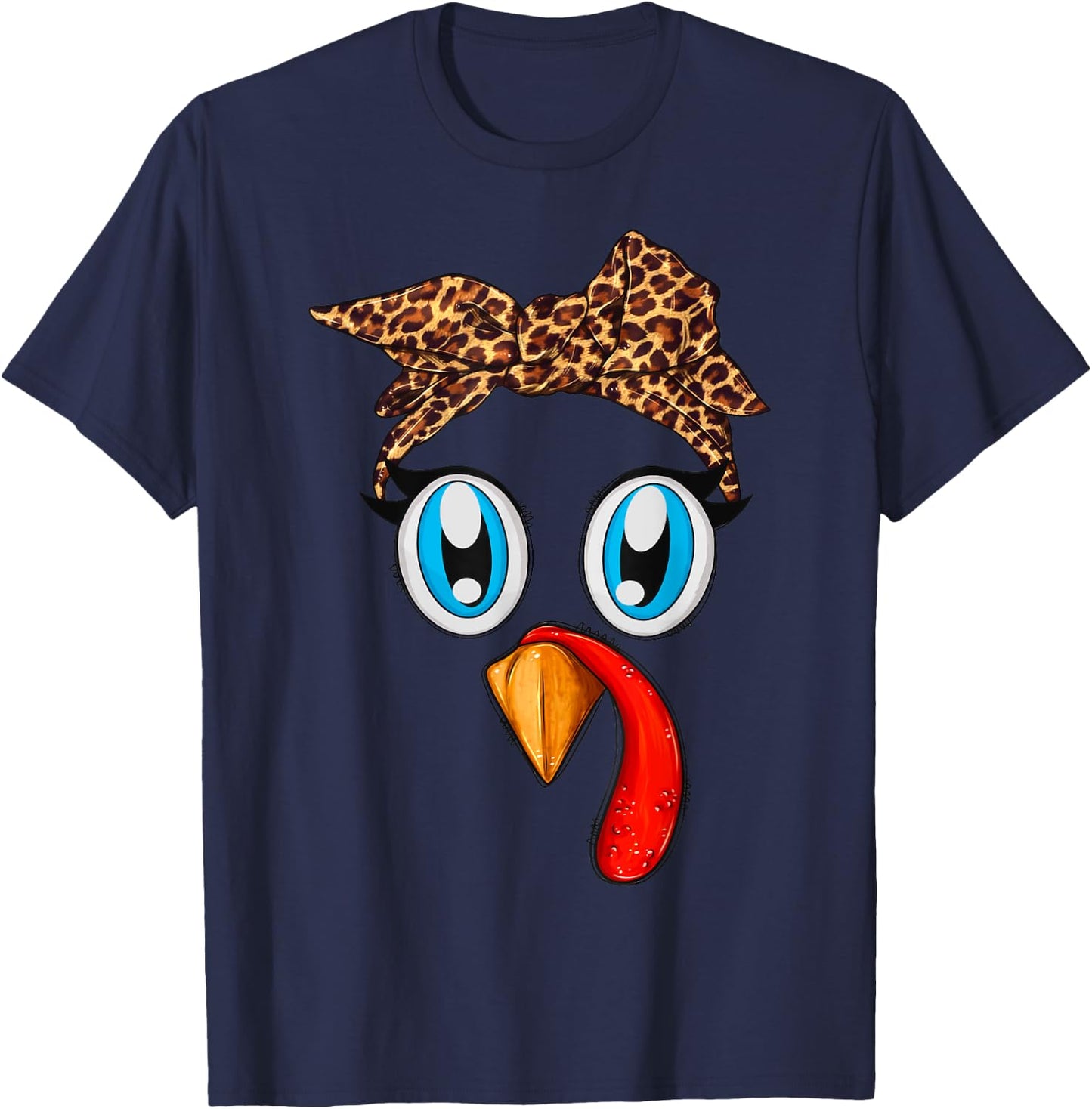 Cute Turkey Face Bandana Leopard Thanksgiving Women Girls T-Shirt - T-Shirt | Navy