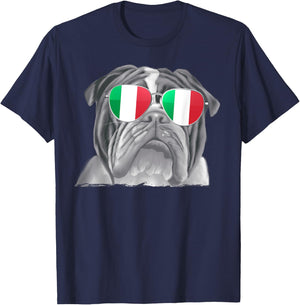 Bulldog Dog Italy Flag Sunglasses T-Shirt - T-Shirt | Navy