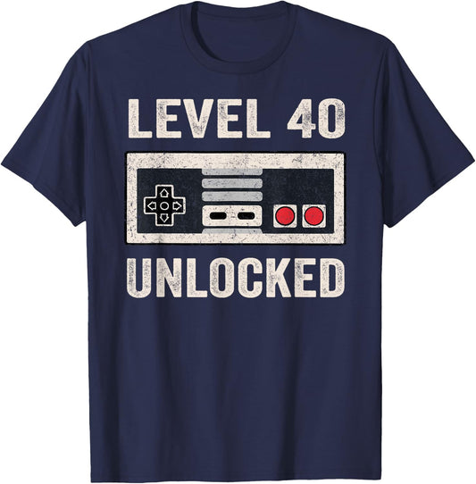 Level 40 Unlocked Video Gamer 40th Birthday Gift T-Shirt - T-Shirt | Navy