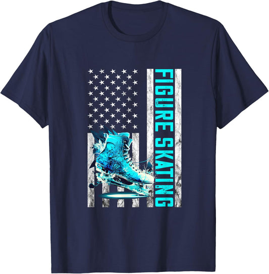 Figure Skating Vintage America USA Flag Shoe Figure Skater T-Shirt - T-Shirt | Navy