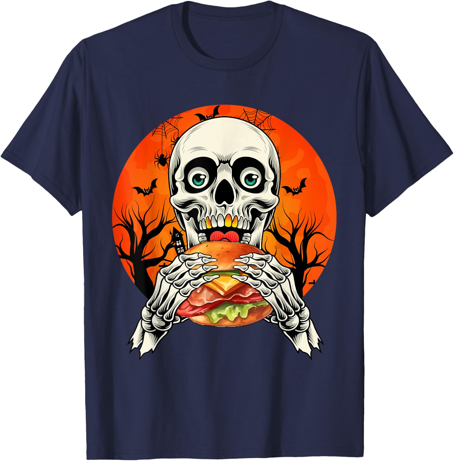 Horror Skeleton Eating Hamburger Halloween Costume Foodies T-Shirt - T-Shirt | Navy