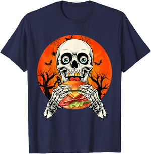Horror Skeleton Eating Hamburger Halloween Costume Foodies T-Shirt - T-Shirt | Navy