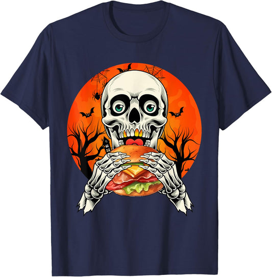 Horror Skeleton Eating Hamburger Halloween Costume Foodies T-Shirt - T-Shirt | Navy