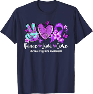 Peace Love Cure Purple Ribbon Chronic Migraine Awareness T-Shirt - T-Shirt | Navy