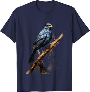 Realistic Blackbird Gift Nature Trees Birds T-Shirt - T-Shirt | Navy