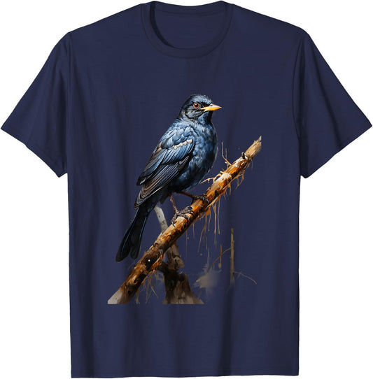 Realistic Blackbird Gift Nature Trees Birds T-Shirt - T-Shirt | Navy