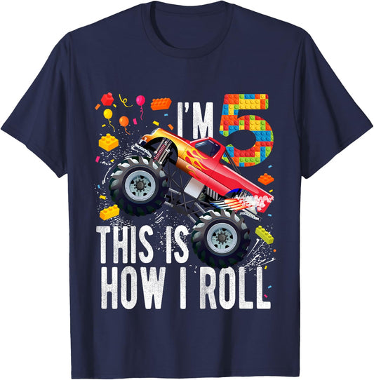 Kids 5 Year Old Building Blocks Monster Truck 5th Birthday Boy T-Shirt - T-Shirt | Navy