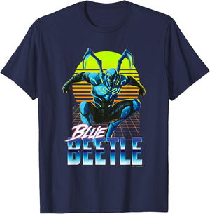 Blue Beetle Jumping Into Action Neon Gridline Background T-Shirt - T-Shirt | Navy