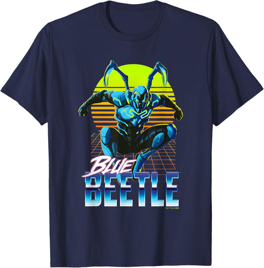 Blue Beetle Jumping Into Action Neon Gridline Background T-Shirt - T-Shirt | Navy