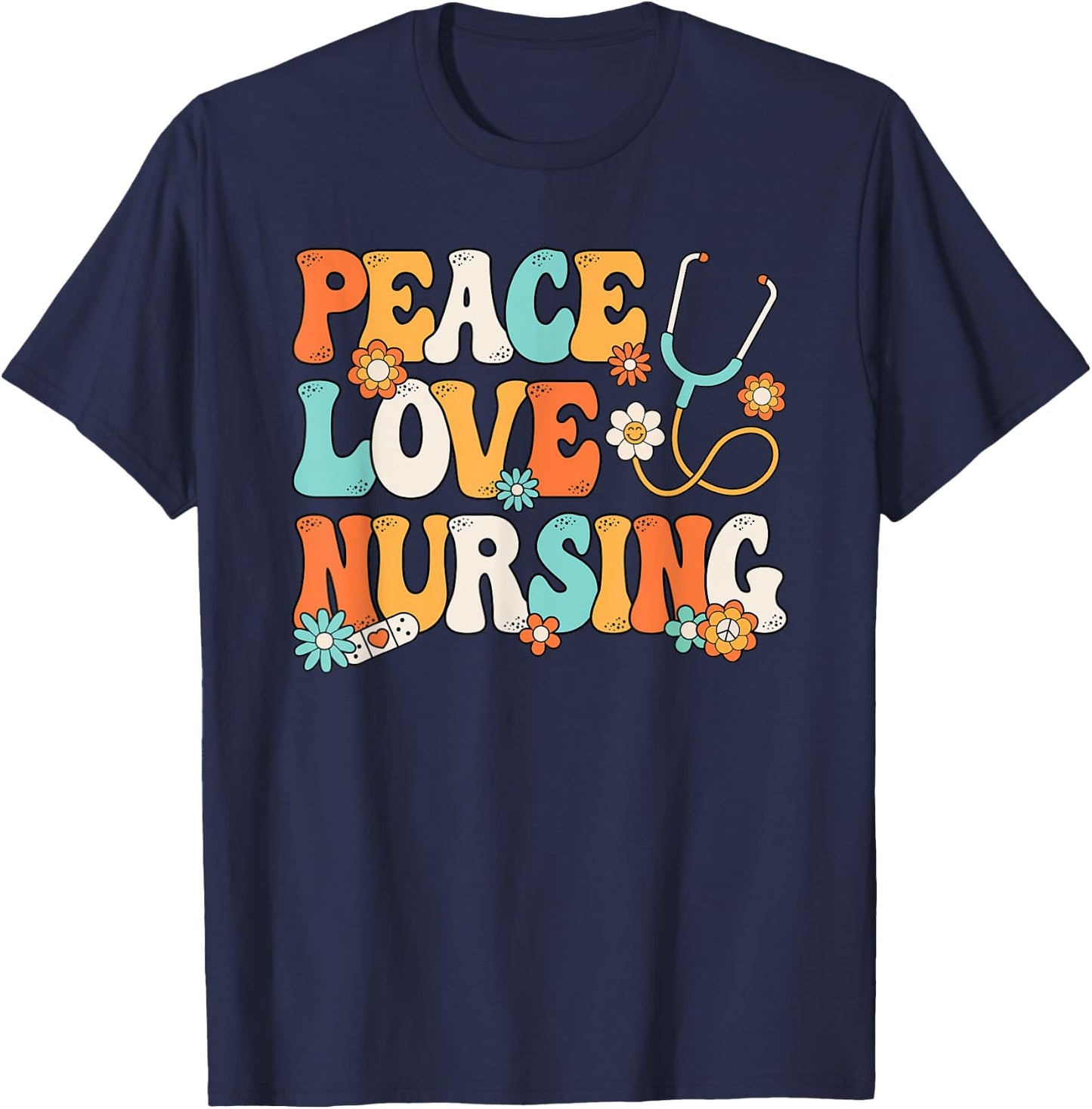 Peace Love Nursing Groovy Nurse Women Girls T-Shirt - T-Shirt | Navy