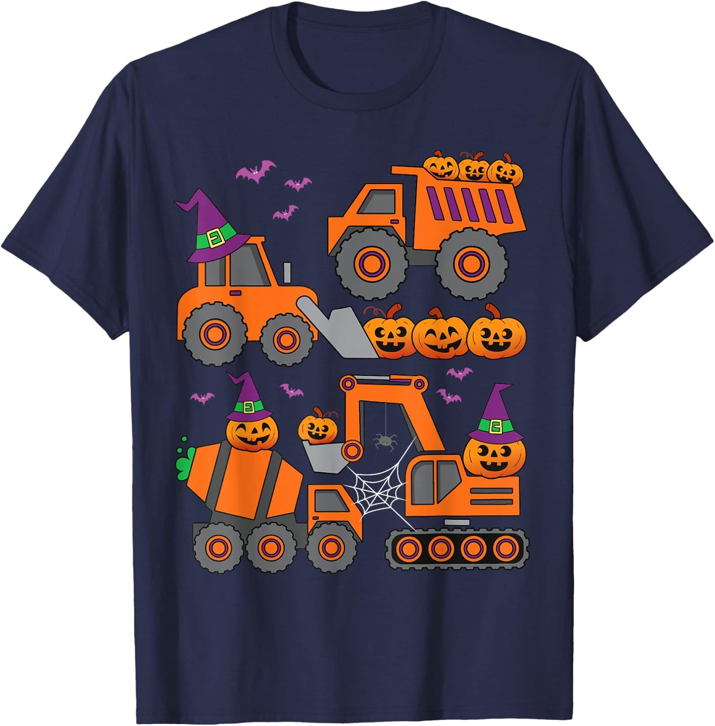 Pumpkin Halloween Construction Vehicle Excavator Truck Kids T-Shirt - T-Shirt | Navy