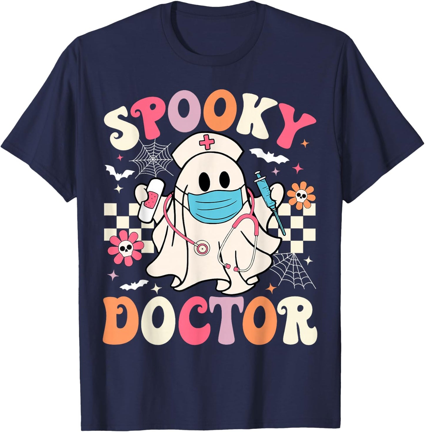 Spooky Doctor Ghost Halloween Cute Groovy Doctor Halloween T-Shirt - T-Shirt | Navy