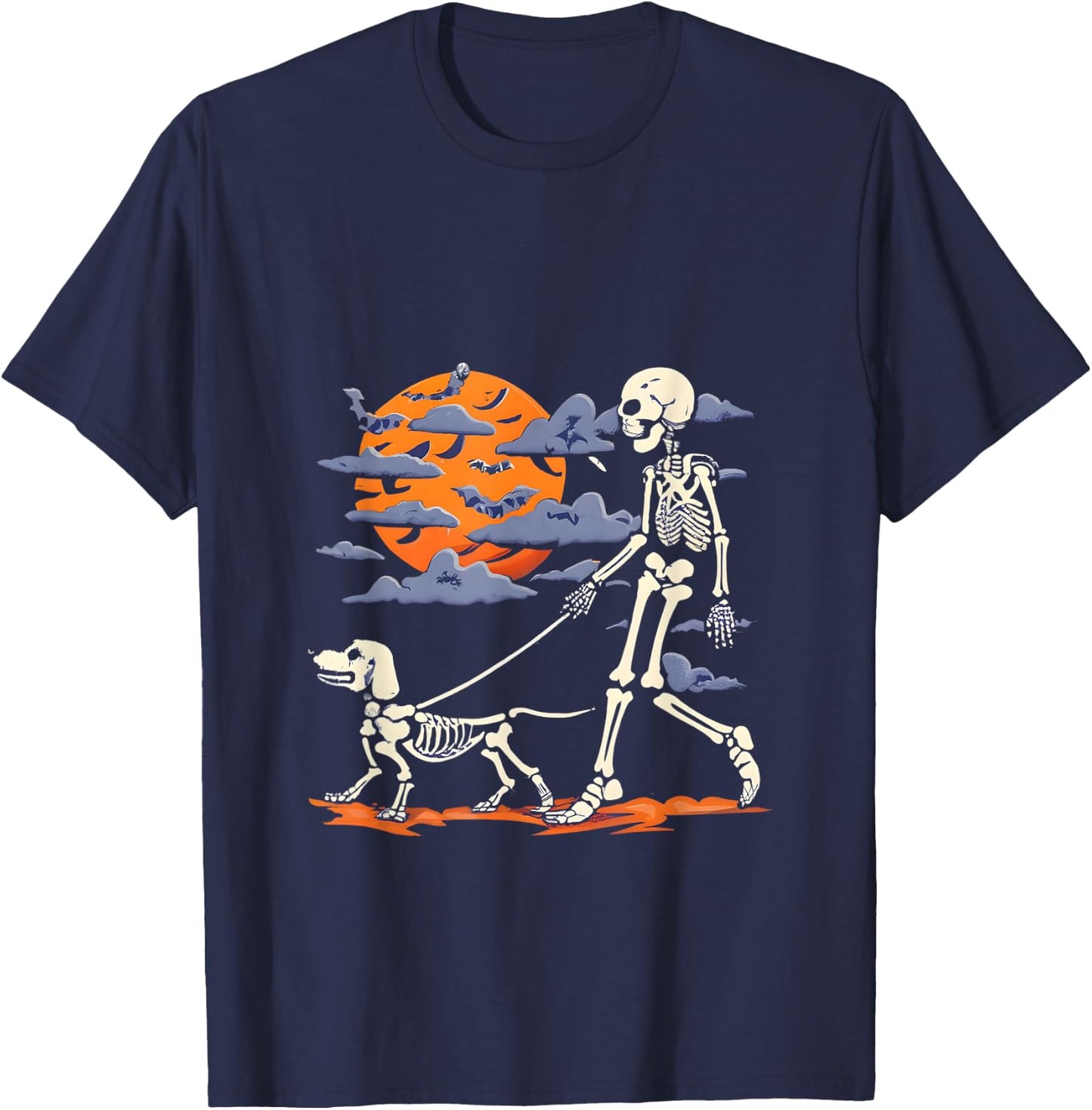 Skeleton man Skeleton Dog Walking Halloween Costume moon T-Shirt - T-Shirt | Navy