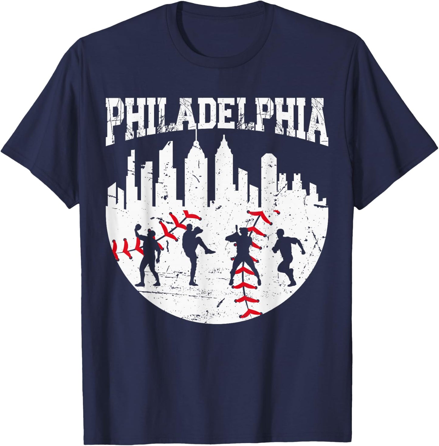 Vintage Philadelphia Skyline Philly Cityscape Baseball Fans T-Shirt - T-Shirt | Navy