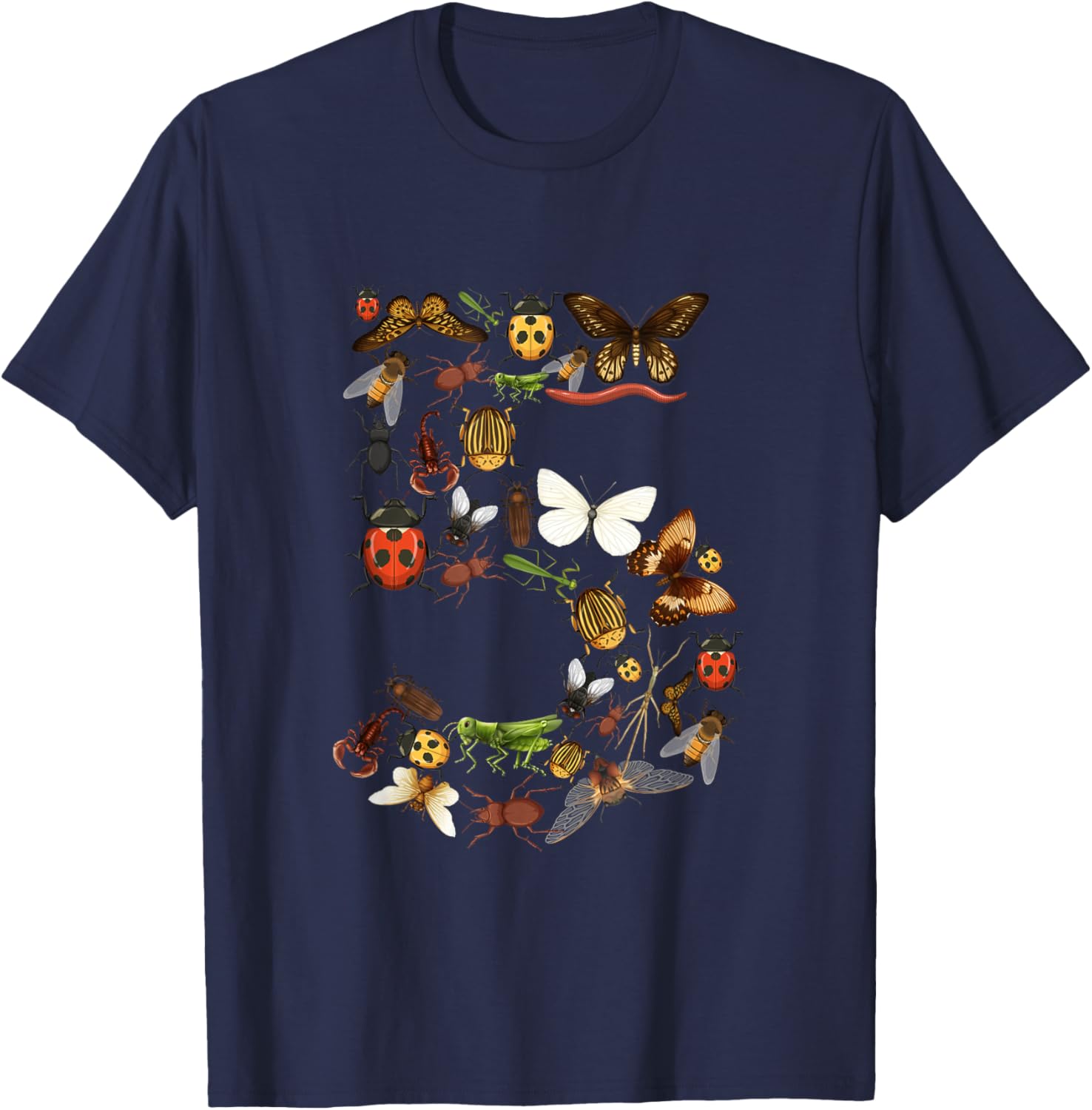 Kids 5th Birthday Bugs Insects Beetles Boys Girls 5 Year Old T-Shirt - T-Shirt | Navy