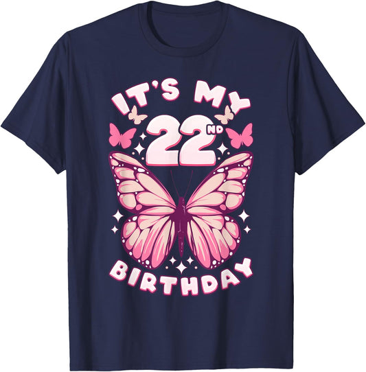 22nd Birthday, Girl 22 years, Butterflies and Number 22 T-Shirt - T-Shirt | Navy