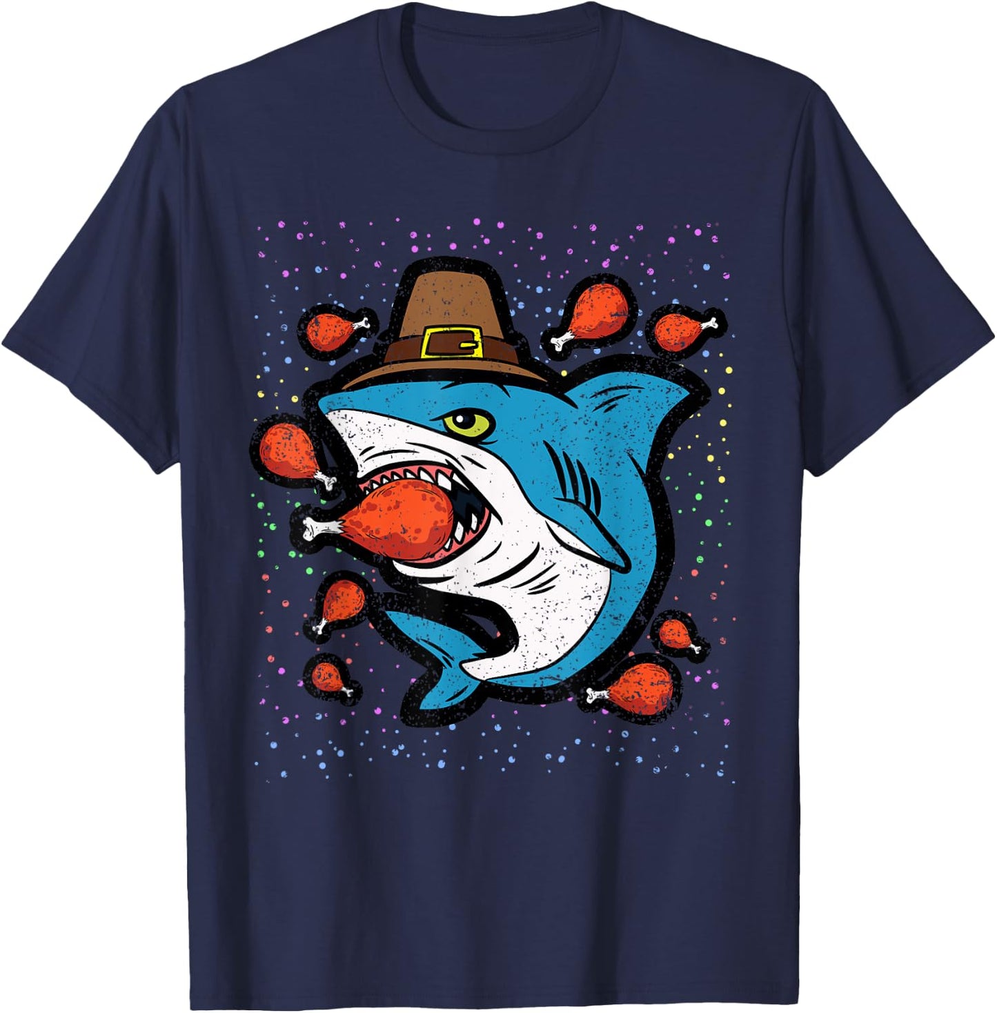 Shark Eating Turkey Leg Thanksgiving Day Funny Fall Autumn T-Shirt - T-Shirt | Navy